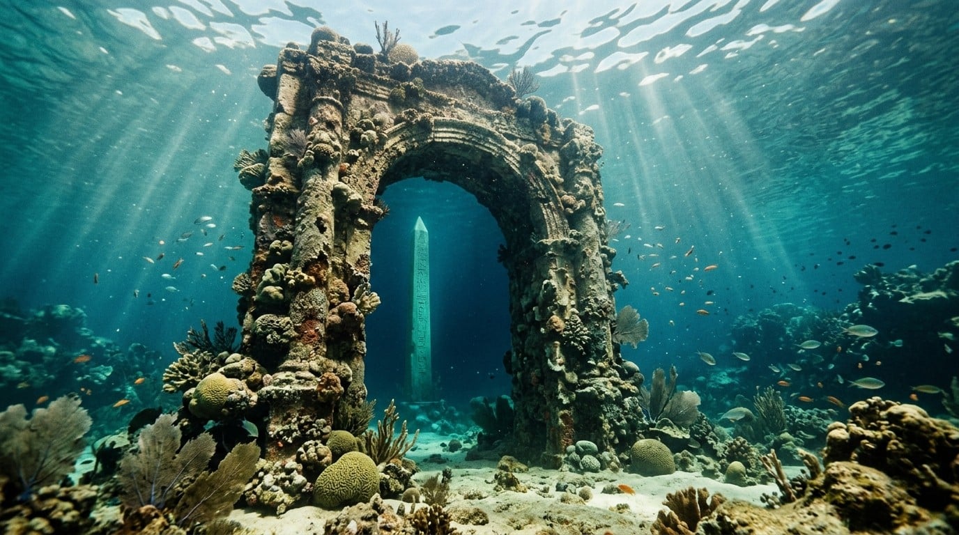 A coral-covered stone portal on the seabed, with an ancient obelisk illuminated by turquoise light beyond it.