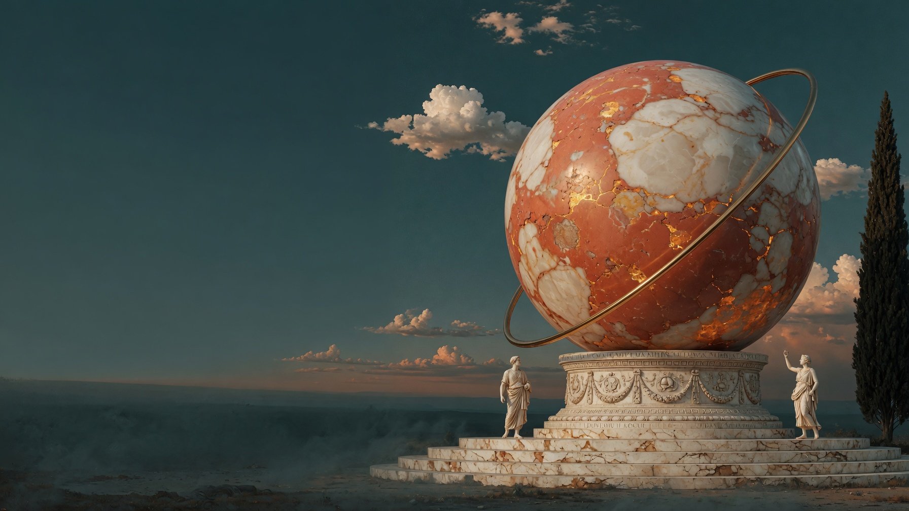 A monumental terracotta sun encircled by a golden orbit, on a carved stone plinth beneath a teal sky.